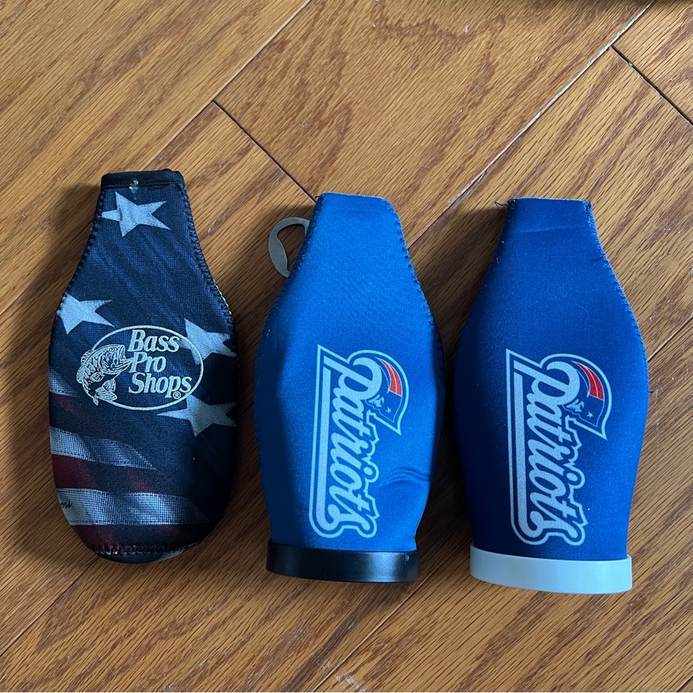 Bass Pro Shops and Patriots Bottle Koozies lot of 3 keeps drinks cool
